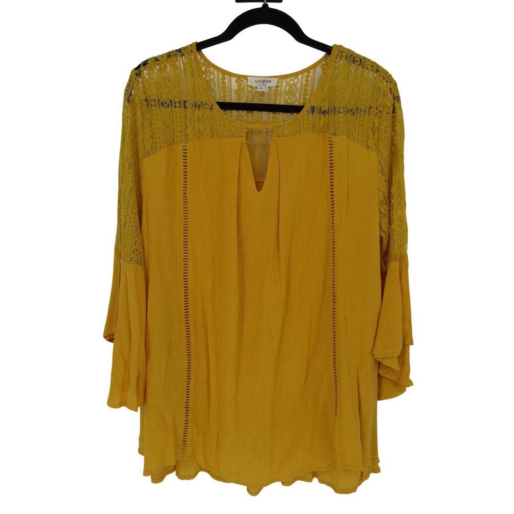Umgee‎ Bell Sleeve Top Womens Medium Mustard Yellow Lace Yoke Crochet Trim Boho